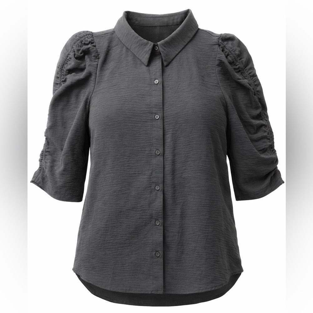 Calvin Klein Black Button Up Blouse Puff Sleeve Size Large L Women’s
